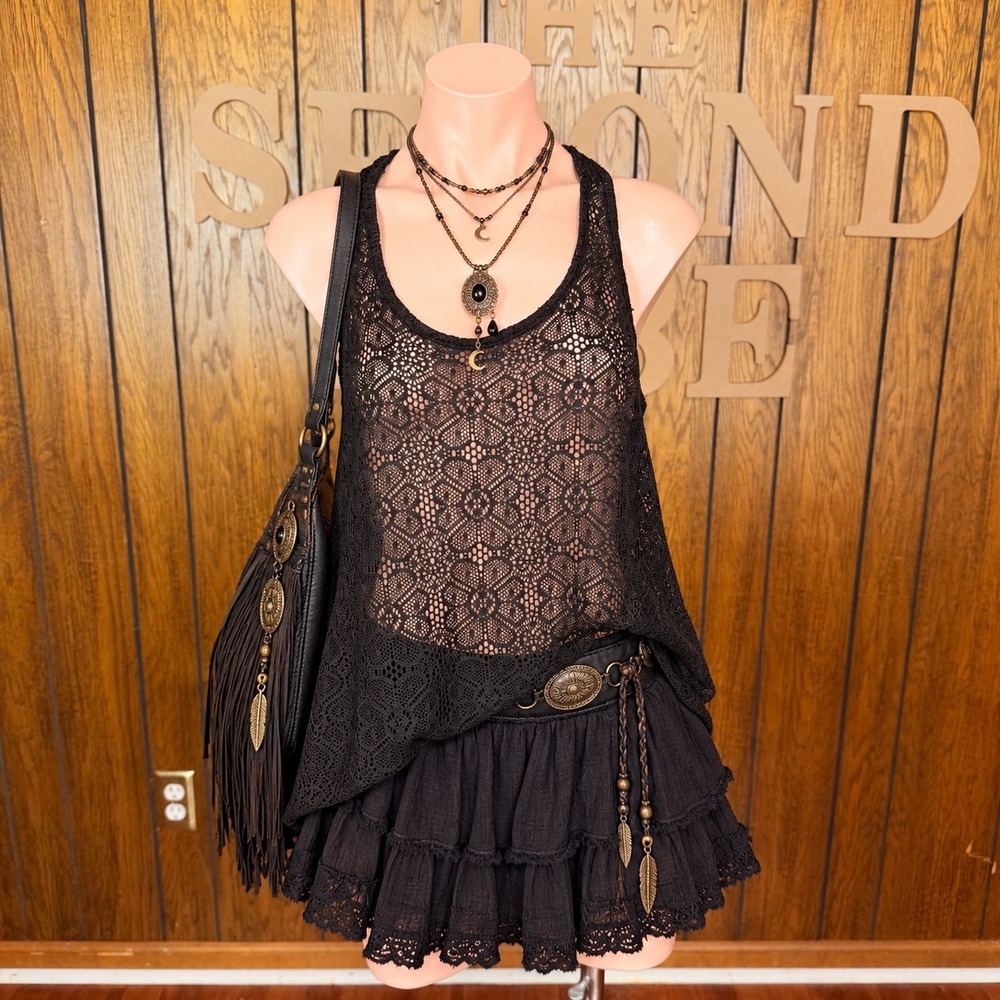 Black Sheer Lace Racerback Tank Top OP Women M M Y2K Boho Goth Grunge Indie